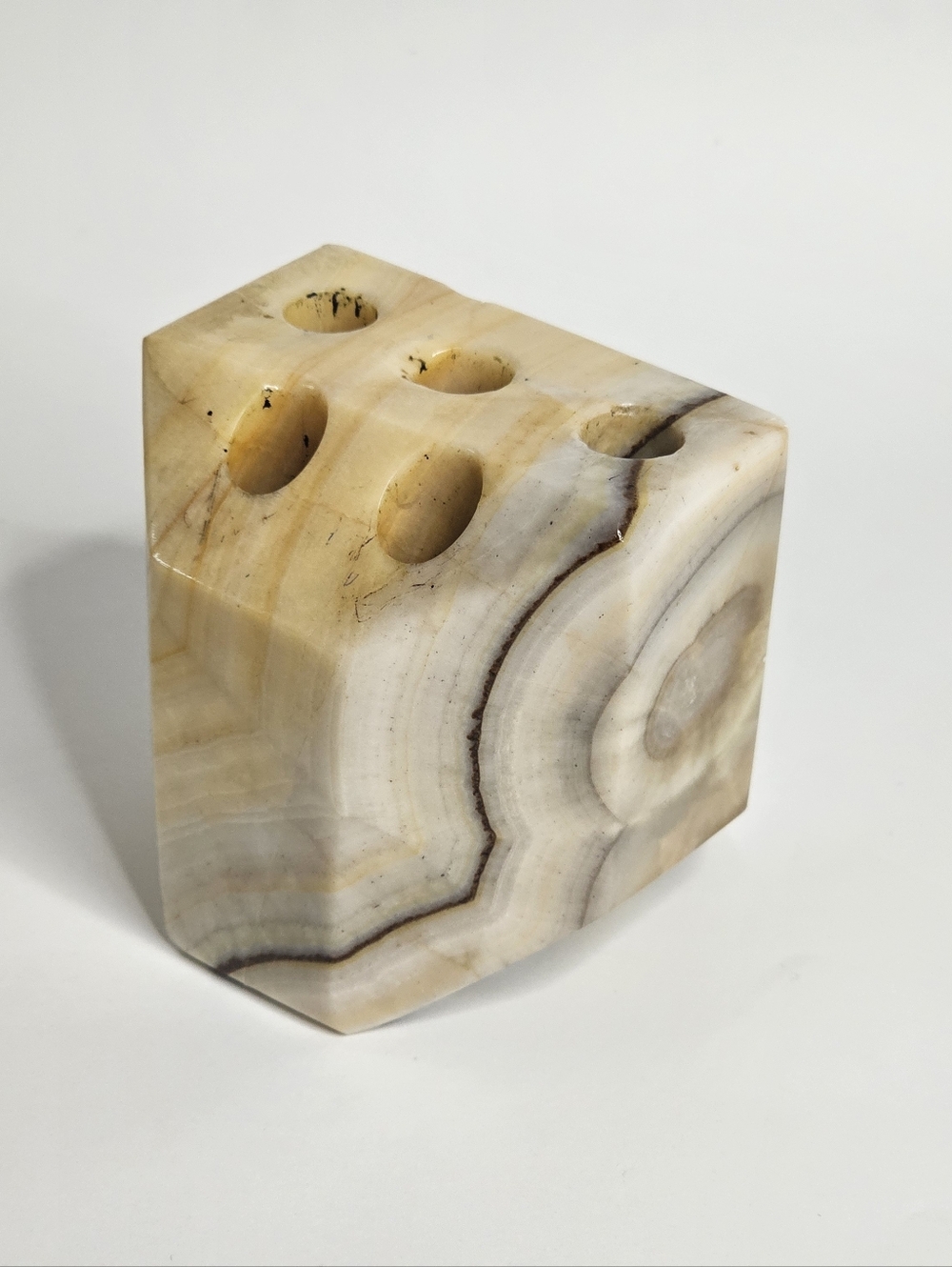 Vtg Hand Carved Banded Onyx Stone Desktop Pen Pencil Holder MCM Art Paperweight